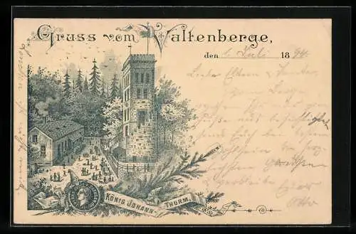 Vorläufer-Lithographie Valtenberg, 1894, König Johann-Turm mit Besuchern