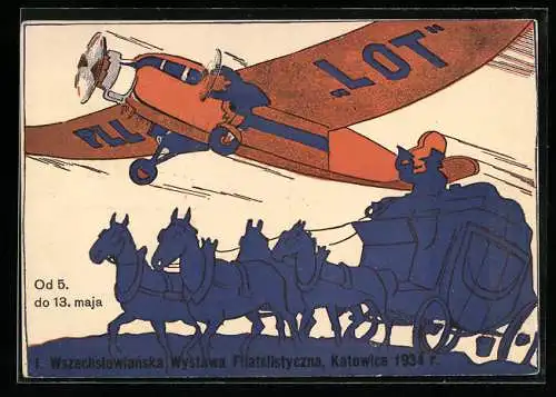 Künstler-AK Kattowitz, Wszechostowianska Wystawa Filatelistyczna 1934, Flugzeug und Postkutsche