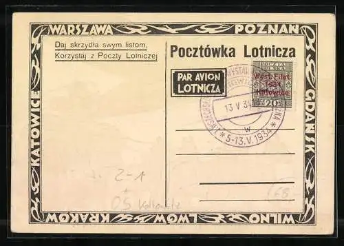 Künstler-AK Kattowitz, Wszechostowianska Wystawa Filatelistyczna 1934, Flugzeug und Postkutsche