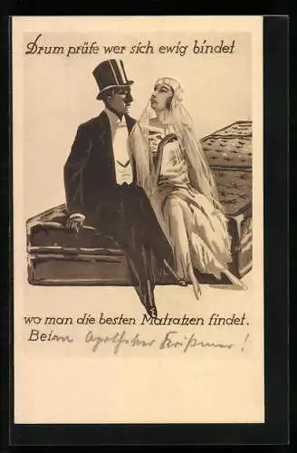 AK Ein Hochzeitspaar testet Matratzen aus, Reklame