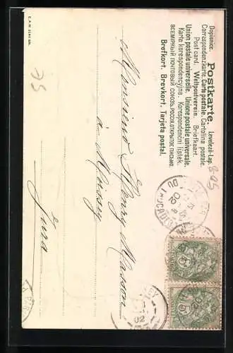 Künstler-AK Miauende Katze im Puppenbett