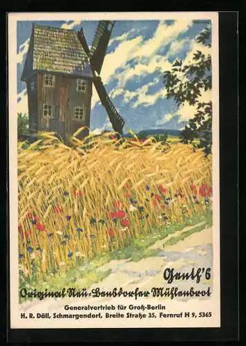 Künstler-AK Reklame für Original Mühlenbrot, Windmühle mit Weizenfeld