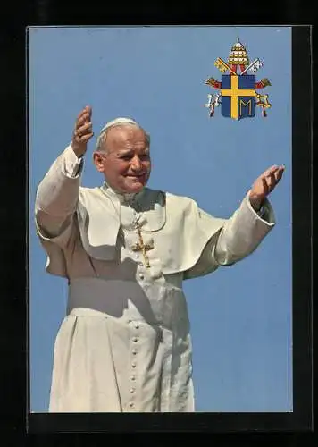 AK Papst Johannes Paul II. mit Kreuz um den Hals und ausgestreckten Armen