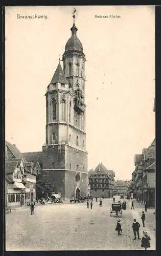 AK Braunschweig, Andreas Kirche mit Passanten auf dem Vorplatz