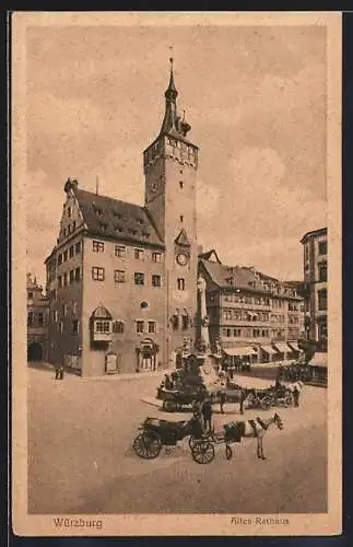 AK Würzburg, Altes Rathaus mit Springbrunnen und Pferdekutschen