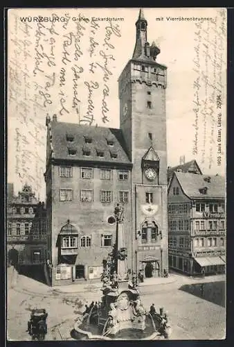 AK Würzburg, Grafen Eckardtsturm mit Vierröhrenbrunnen