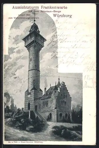 AK Würzburg, Aussichtsturm Frankenwarte auf dem Nikolaus-Berge erbaut 1893 vom Verschönerungs-Verein