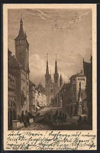 Künstler-AK Würzburg, Rathaus und Dom um 1840