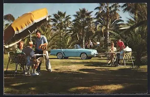 AK Auto Renault, Blaues Cabriolet unter Palmen