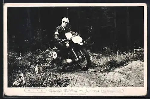 AK NSU-GS Motorrad beim Malenter Waldlauf 1954, Startnummer 145