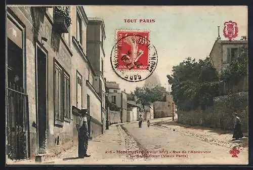 AK Paris-Montmartre, Rue de l`Abreuvoir, Blick auf Sacre-Coeur