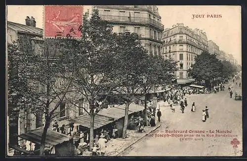 AK Paris, Boulevard Ornano, Le Marche, Rue Joseph-Dijon prise de la Rue Baudelique