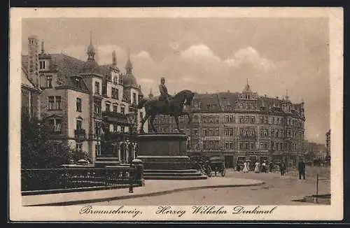 AK Braunschweig, Herzog Wilhelm Denkmal mit Geschäften