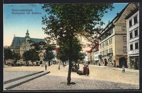 AK Schweinfurt, Marktplatz mit Geschäft und Rathaus