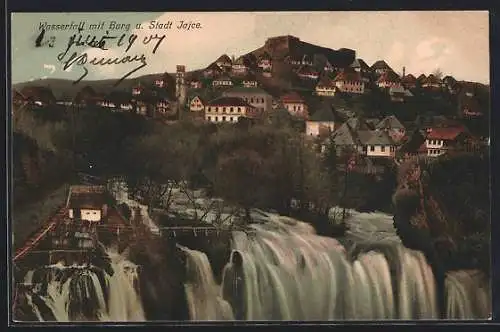 AK Jajce, Stadtansicht mit Wasserfall und Burg