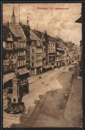 AK Freiburg i. B., Strassenbahn auf der Kaiserstrasse