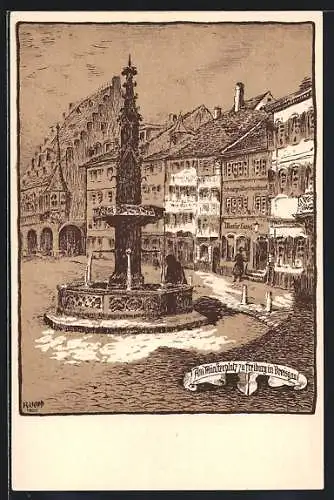 Steindruck-AK Freiburg i. B., Brunnen auf dem Münsterplatz