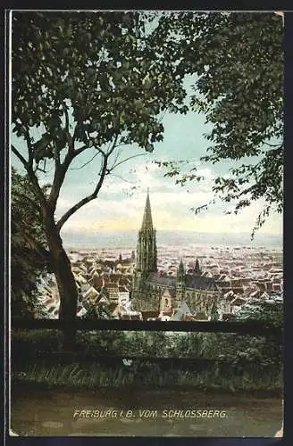 AK Freiburg i. B., Panorama mit dem Münster vom Schlossberg aus