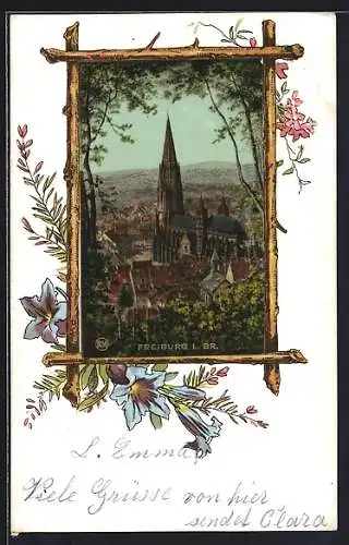 AK Freiburg i. Br., Blick zum Münster im floralen Passepartout