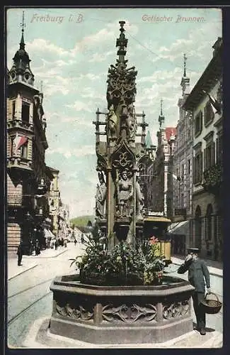 AK Freiburg, Gotischer Brunnen, Strassenbahn