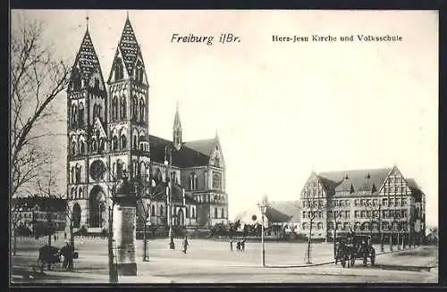 AK Freiburg i. Br., Herz-Jesu Kirche und Volksschule