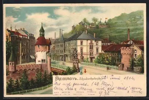 Lithographie Freiburg i. B., Strassenpartie an der Schwabenthorbrücke