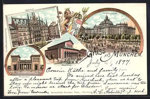 Lithographie München-Au, Basilika, Rathaus, Propyläen und Justizpalast mit Stadtwappen