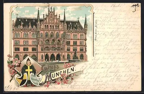 Lithographie München-Au, Rathaus und Münchener Kindl