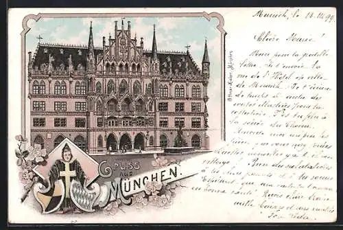 Lithographie München-Au, Rathaus mit Münchener Kindl und Wappen