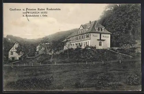 AK Fränkisch-Crumbach, Blick auf Gasthaus u. Pension Ruine Rodenstein, Bes. W. Seitz