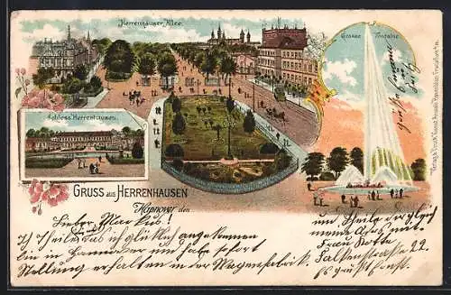 Lithographie Hannover, Schloss Herrenhausen, Grosse Fontaine, Herrenhäuser Allee