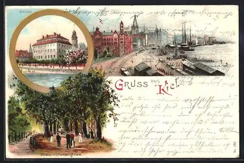 Lithographie Kiel, Schloss, Post, Hafen u. Düsternbroker-Allee