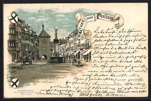 Lithographie Freiburg i. B., Kaiserstrasse mit Martinsthor