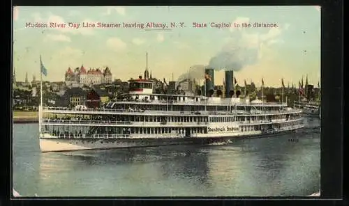 AK Hudson River Day Line Steamer leaving Albany, NY, State Capitol in the distance