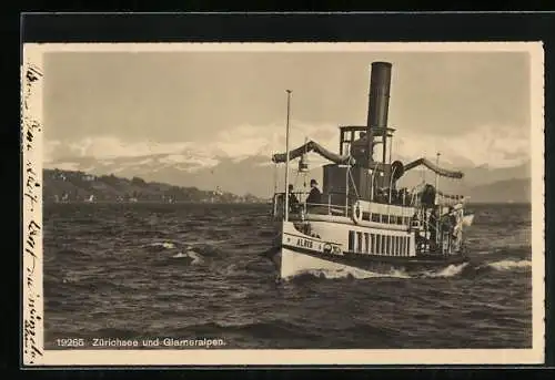 AK Dampfschiff Albis auf dem Zürichsee, Blick auf die Glarneralpen