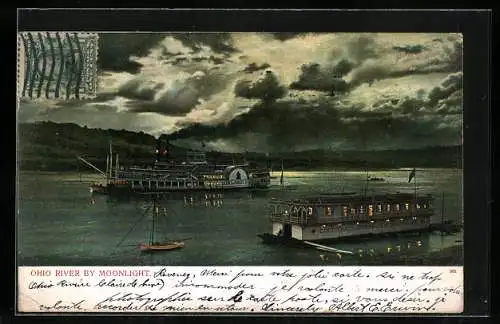 Lithographie Salondampfer Island Queen auf dem nächtlichen Ohio River, Cincinnati Gymnasium Boat Club