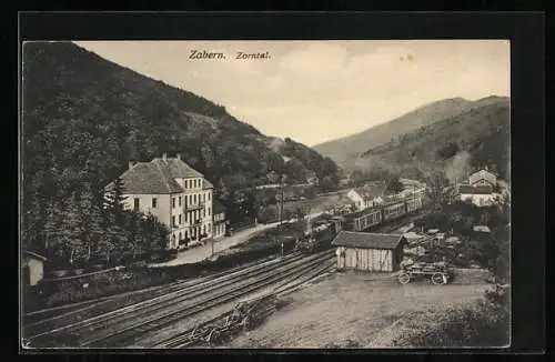 AK Zabern, Zorntal mit Bahngleisen und Eisenbahn