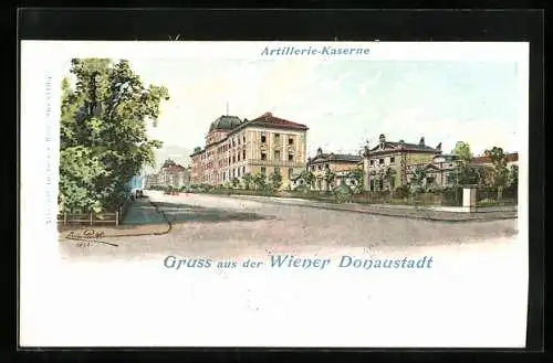 Künstler-Lithographie Erwin Pendl: Wien, Donaustadt, Artillerie-Kaserne