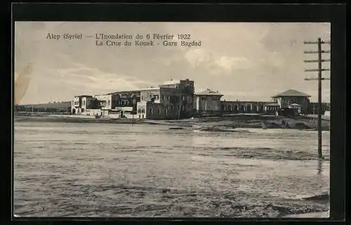 AK Alep, L`Inondation du Fevrier 1922, La Crue du Kouek, Gare Bagdad