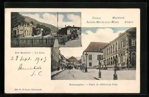 AK Markirch /Elsass, Bahnhof und Rathausplatz