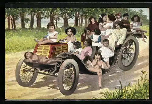 AK Auto mit vielen Kleinkindern darin, Fotomontage