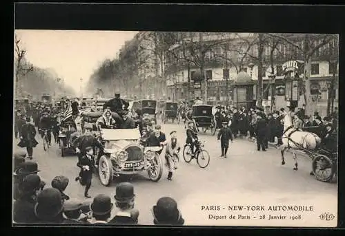 AK Autorennen Paris-New York Automobile, Menschenmenge bei der Abfahrt in Paris 1908