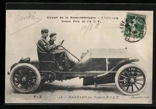 AK Autorennen Grand Prix de l`A. C. F. 1908, Nazzaro sur Voiture Fiat