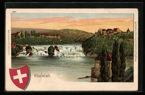 Lithographie Schaffhausen, Rheinfall mit Viadukt, Wappen