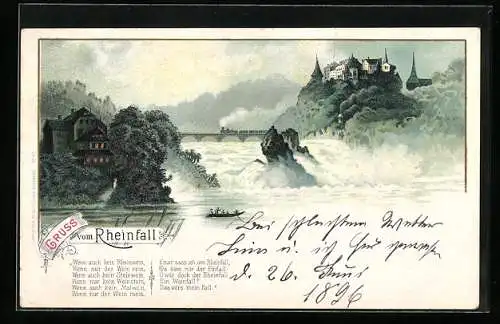 Lithographie Rheinfall, Wasserfall mit Boot davor, Eisenbahn auf Brücke