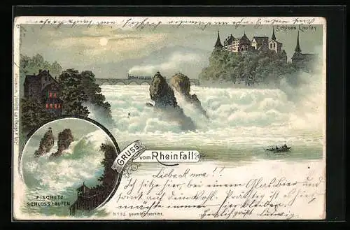 Lithographie Laufen, Schloss Laufen und der Rheinfall mit Eisenbahnbrücke