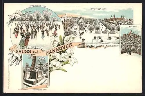 Winter-Lithographie Hannover, Marienburg, Herrenhauser Allee und Georgengarten Teiche