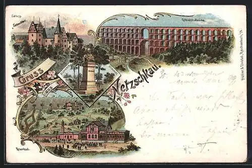 Lithographie Netzschkau, Rosenbad, Götzschtalbrücke, Bismarck-Denkmal