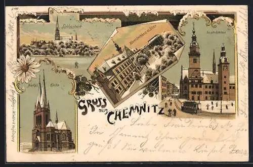 Winter-Lithographie Chemnitz, Markus-Kirche, Neues und altes Rathaus und Schlossteich