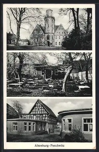 AK Poschwitz, Ortsansicht und Gasthaus Kurt Beer mit Gartenlokal